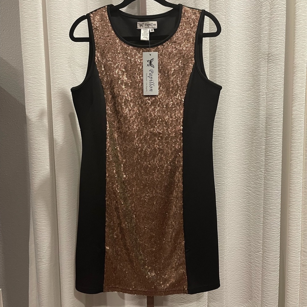 Glitter Party Dress Cocktail Sequin Papillon Medium Gold Black Evening Club NWT